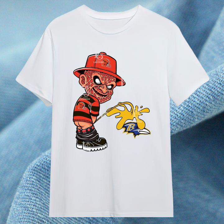 Freddy Krueger Cleveland Browns Pissing On Baltimore Ravens Shirt For Fan